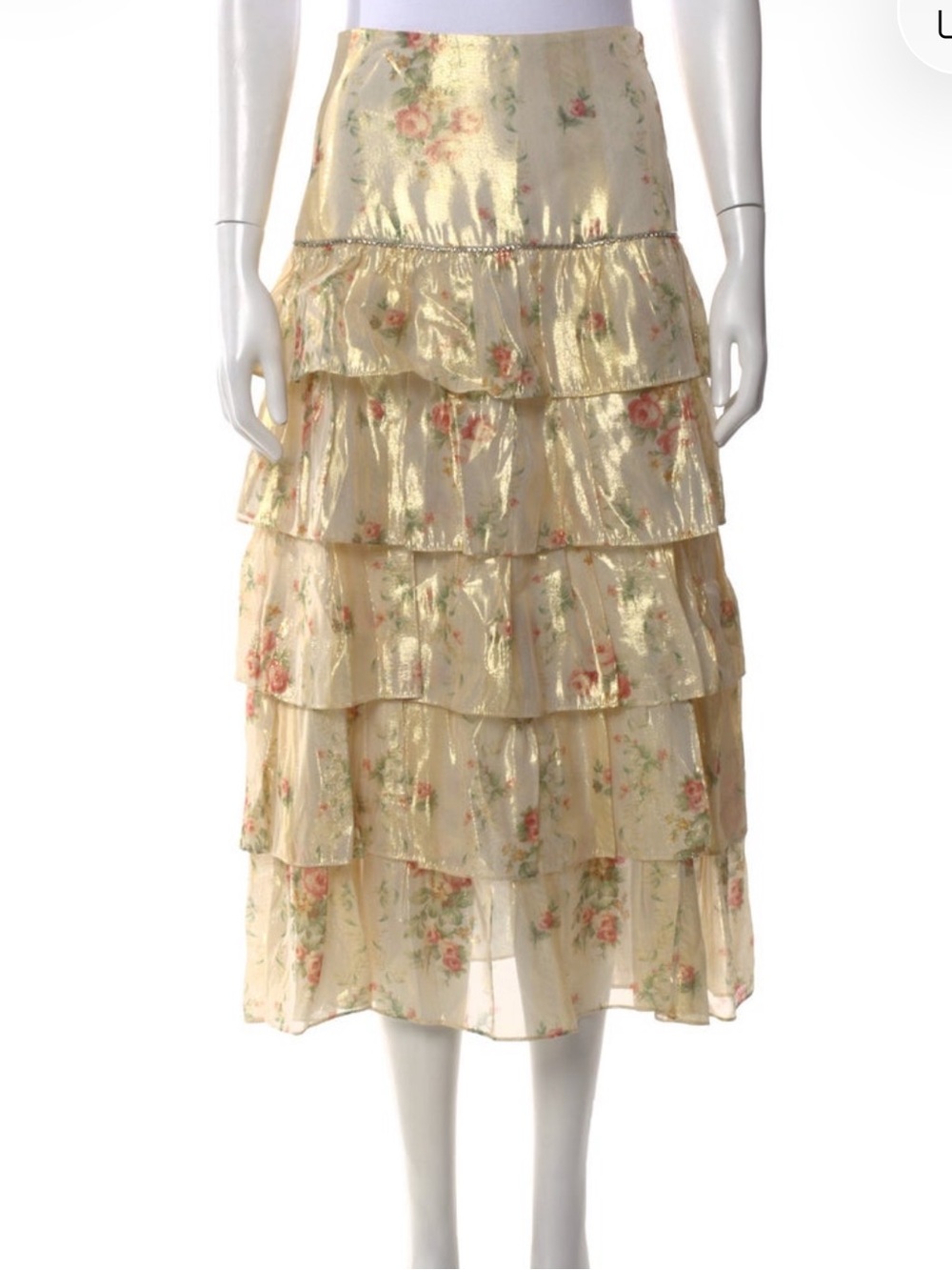 LoveShackFancy Gold Cream Floral Tiered Maxi Skirt